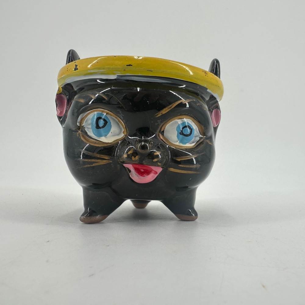 Vintage Napco Black Cat Cauldron Mini Planter Anthropomorphic Kitsch Halloween